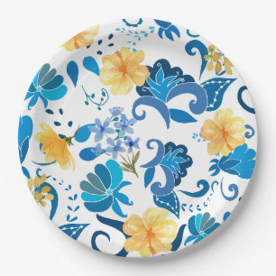 Yellow Floral blue italian bridal shower  Paper Plate