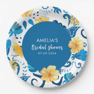 Yellow Floral blue italian bridal shower Paper Plate