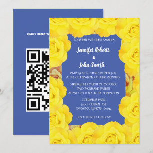 Yellow Floral Blue Vintage Rose QR Code Wedding Invitation