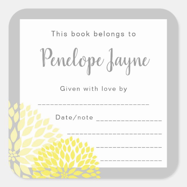 Yellow Floral Bookplate, bring a book baby shower Square Sticker (Front)