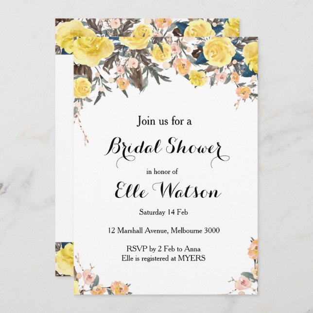 Yellow Floral Bridal Shower Invitation (Front/Back)