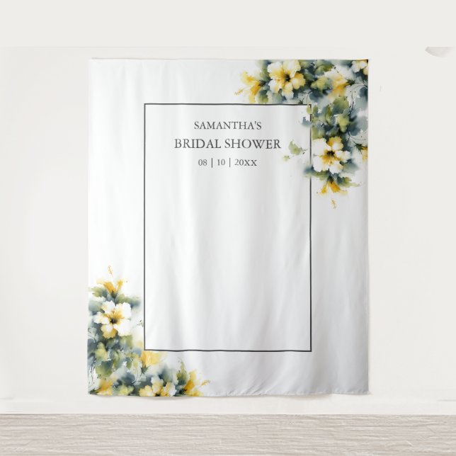 Yellow Floral Bridal Shower Photo Backdrop Tapestry (Front)