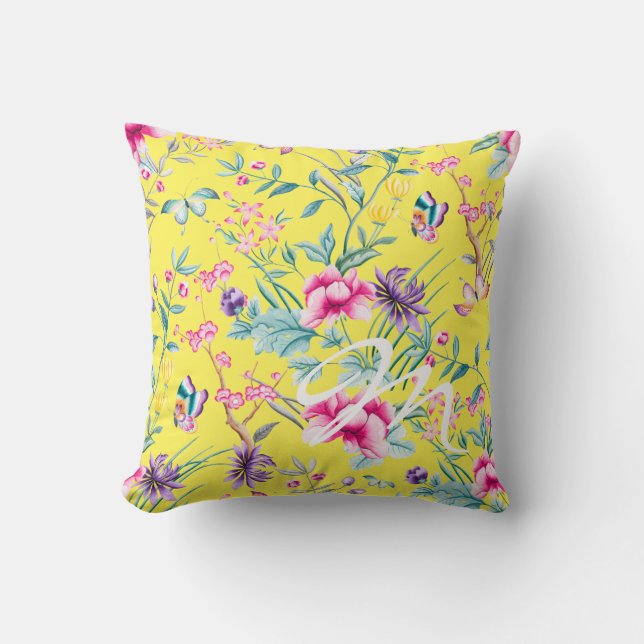 Yellow Floral & Butterfly Monogram Throw Pillow (Front)