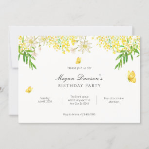 Yellow floral butterfly plants birthday invitation