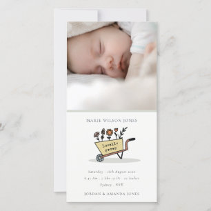 Yellow Floral Cart Photo Baby Birth Announcement 