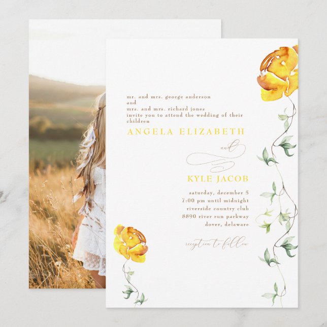 Yellow Floral Couple Photo Wedding Invitation (Front/Back)