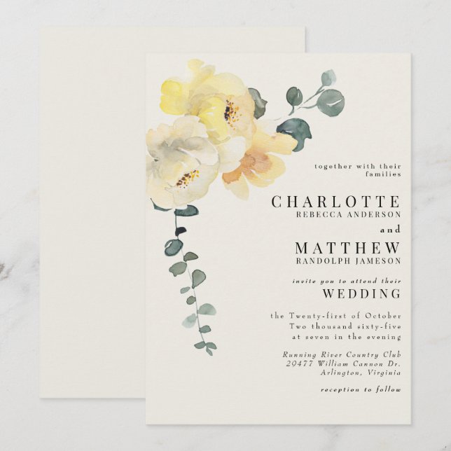 Yellow Floral Cream Elegant Wedding No Parents Invitation (Front/Back)