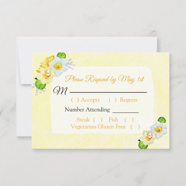 Yellow Floral Daffodils  Wedding RSVP card (Front)