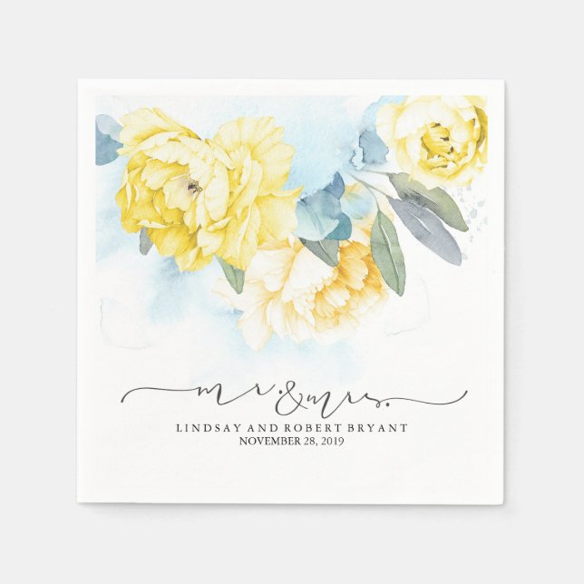 Yellow Floral Dusty Blue Watercolor Wedding Napkin (Front)