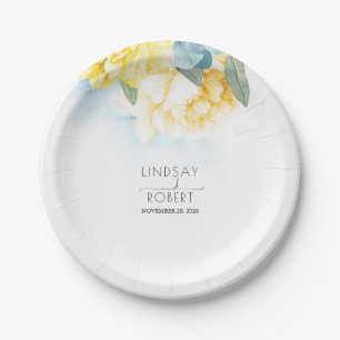 Yellow Floral Dusty Blue Watercolors Wedding Paper Plate