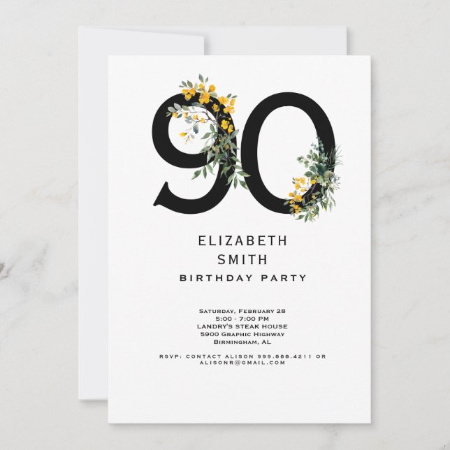 Yellow Floral Elegant 90th Birthday Party  Invitation (Front)