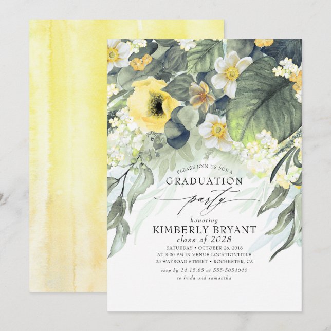 Yellow Floral Elegant Stylish Spring Graduation Invitation (Front/Back)