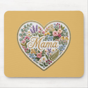 Yellow Floral Faux Embroidery Heart Mama Mouse Pad