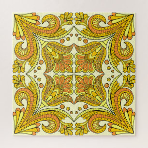 Yellow Floral Folk: Stylish Vintage Pattern Jigsaw Puzzle