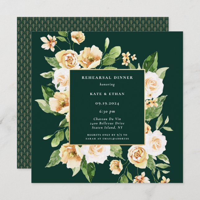 Yellow Floral Frame Emerald Rehearsal Dinner Invitation (Front/Back)