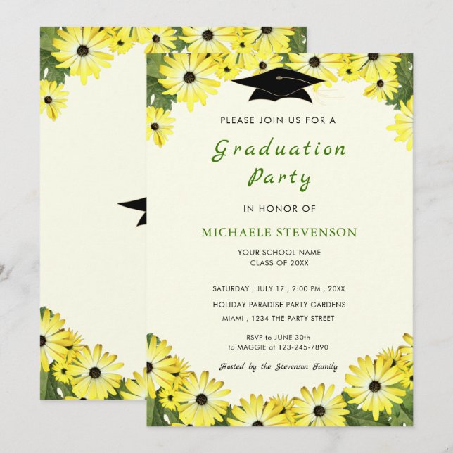 Yellow Floral Frame Graduation Invitations Example (Front/Back)