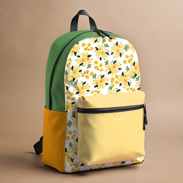 Yellow Floral Garden Personalized Name Initial Printed Backpack (Yellow and green watercolor Floral Garden personalized school backpack.)