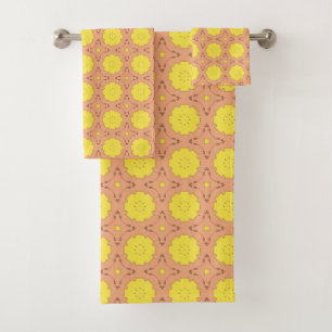 Yellow floral geometric patterned bath towel set