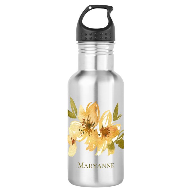 Yellow Floral Girly Personalized 532 Ml Water Bottle (Front)
