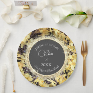 Yellow Floral Glittery Graduation Personalized  Paper Plate