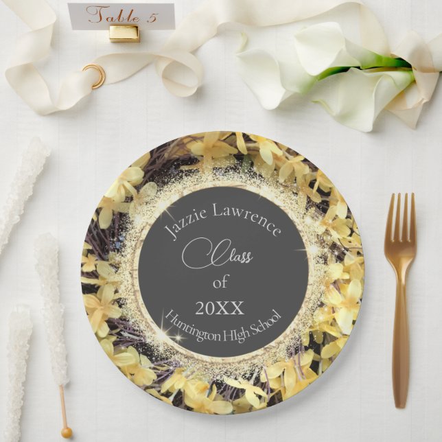 Yellow Floral Glittery Graduation Personalized  Paper Plate (Wedding)