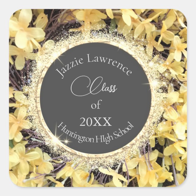 Yellow Floral Glittery Graduation Personalized Square Sticker (Front)