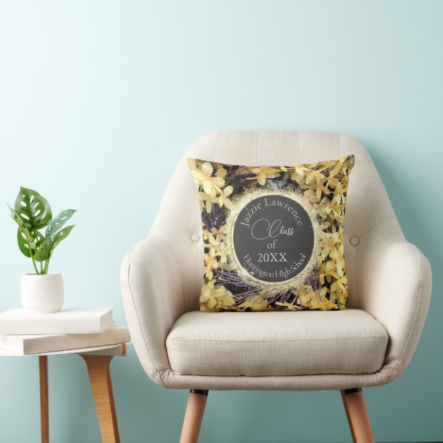 Yellow Floral Glittery Graduation Personalized Throw Pillow (Chair)