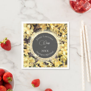 Yellow Floral Glittery Personalized Graduate Napkin
