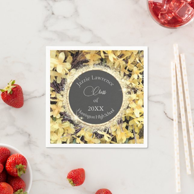 Yellow Floral Glittery Personalized Graduate Napkin (Insitu)