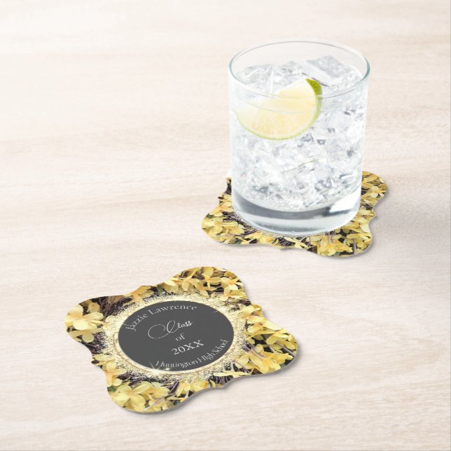 Yellow Floral Glittery Personalized Graduation Paper Coaster (Insitu)
