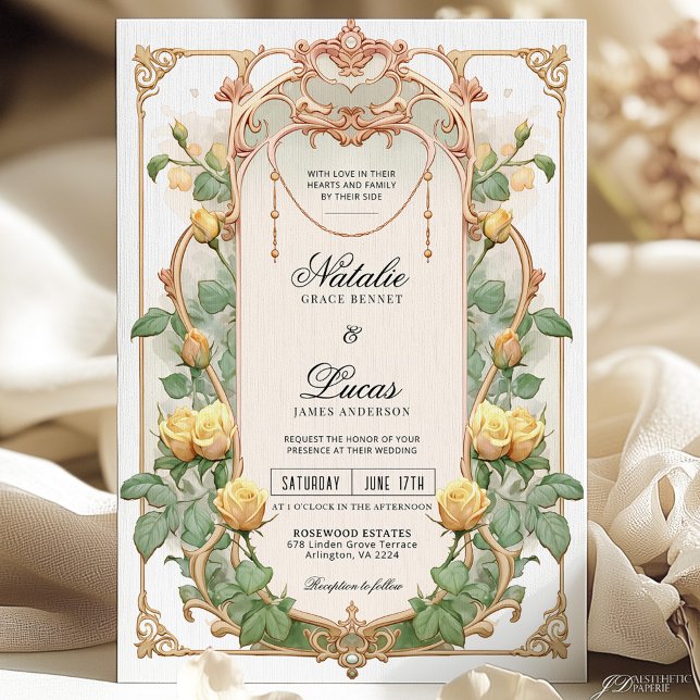 Yellow Floral Gold Art Nouveau Wedding Invitation (Creator Uploaded)