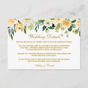 Yellow Floral Gold Wedding Details Insert Card