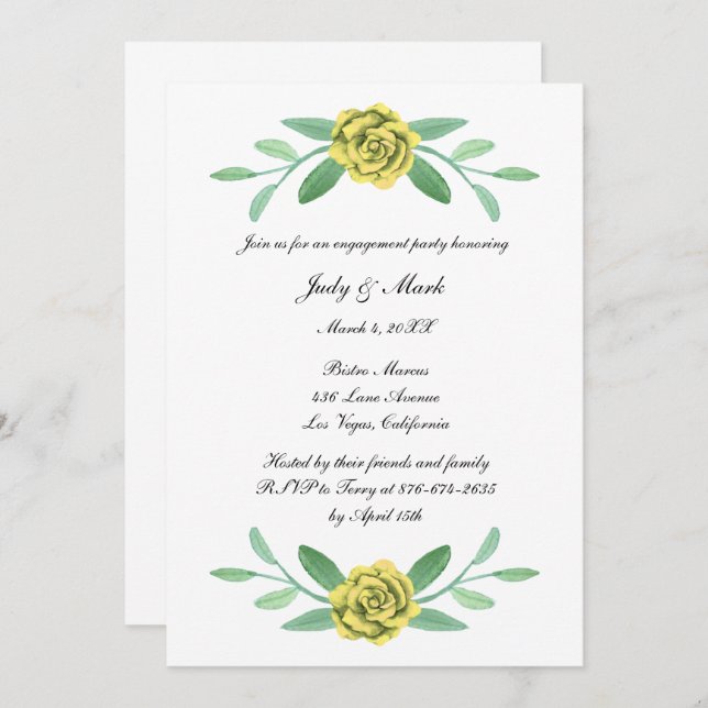 Yellow Floral Greenery Foliage Engagement Party Invitation (Front/Back)