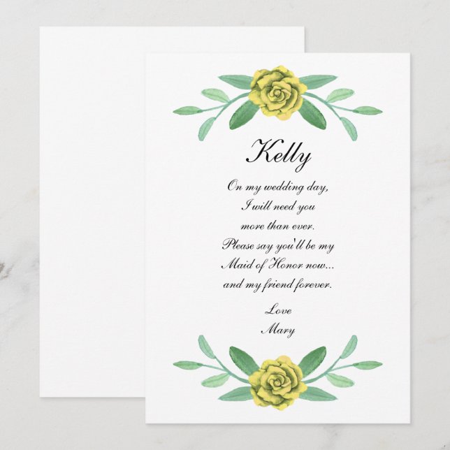 Yellow Floral Greenery Foliage Maid Of Honour Card (Front/Back)