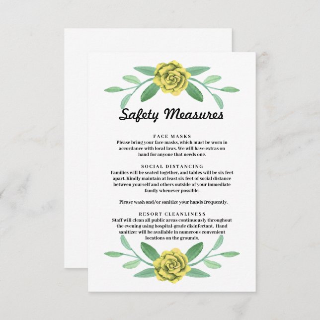 Yellow Floral Greenery Foliage Safety Measure Card (Front/Back)