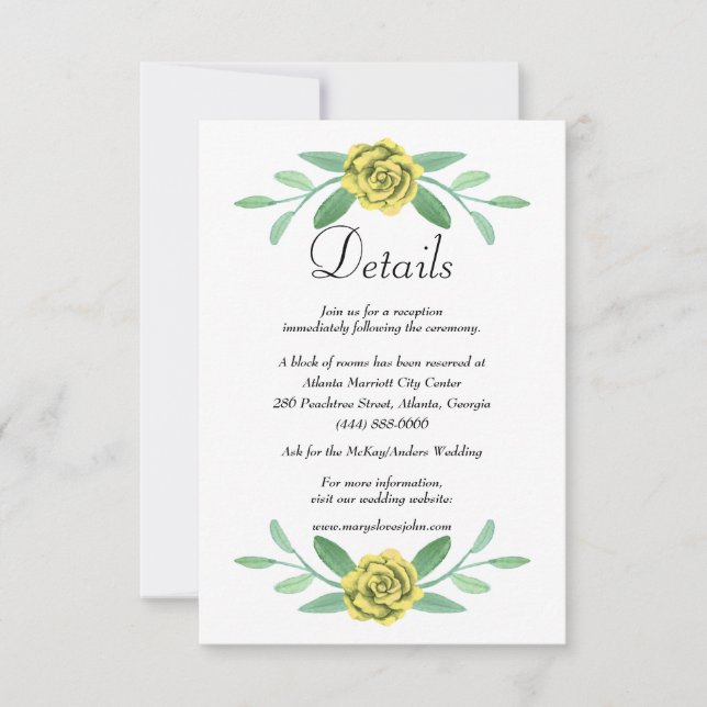Yellow Floral Greenery Foliage Wedding Details Announcement (Front)