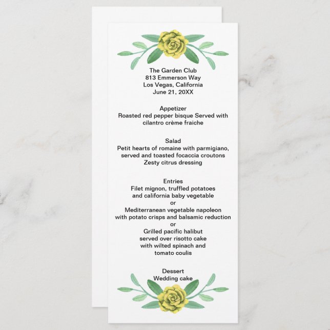 Yellow Floral Greenery Foliage Wedding Menu Card (Front/Back)