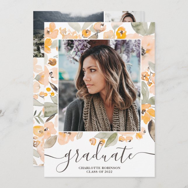 Yellow floral greenery script 3 photos graduation invitation (Front/Back)