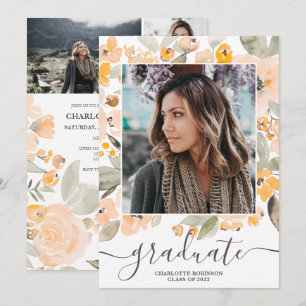 Yellow floral greenery script 3 photos graduation invitation