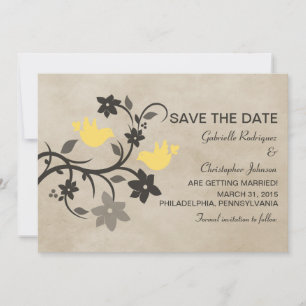 Yellow Floral Lovebirds Save the Date Invite