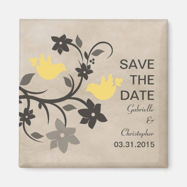 Yellow Floral Lovebirds Save the Date Magnet (Front)