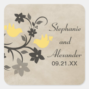 Yellow Floral Lovebirds Wedding Stickers