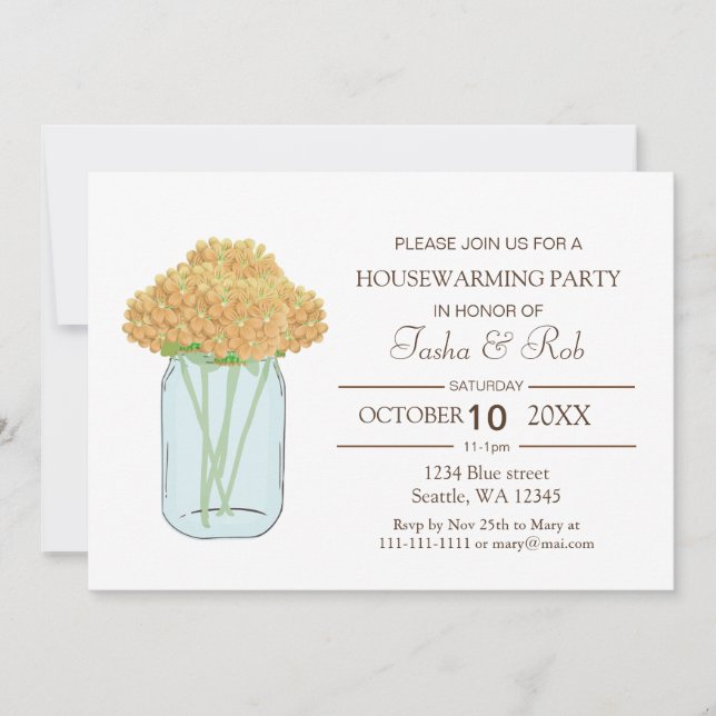 Yellow floral mason jar Housewarming Invitation (Front)