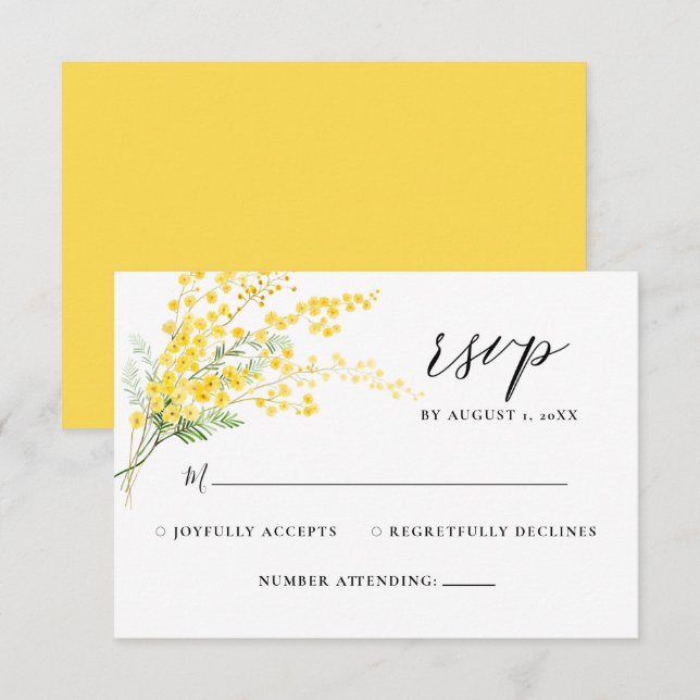 Yellow Floral Mimosa Spring Flowers Wedding RSVP  (Front/Back)
