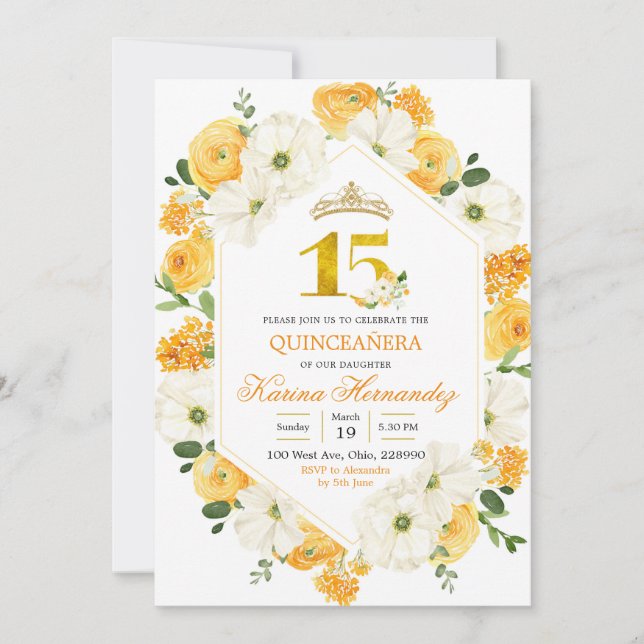Yellow Floral Mis Quince 15 Birthday Invitation (Front)