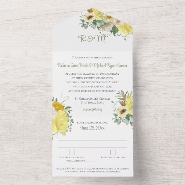 Yellow Floral Monogram Wedding All In One Invitation (Inside)