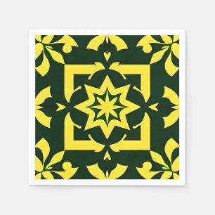 Yellow Floral Ornament on a Green Background Napkin