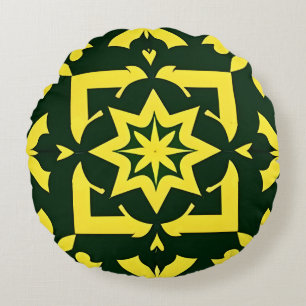 Yellow Floral Ornament on a Green Background Round Pillow