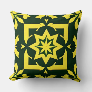 Yellow Floral Ornament on a Green Background Throw Pillow