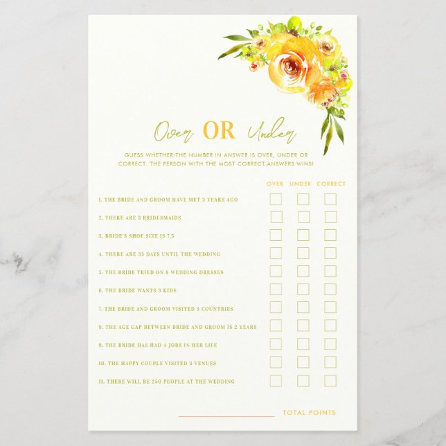 Yellow Floral Over or Under Bridal Shower Game (Front)